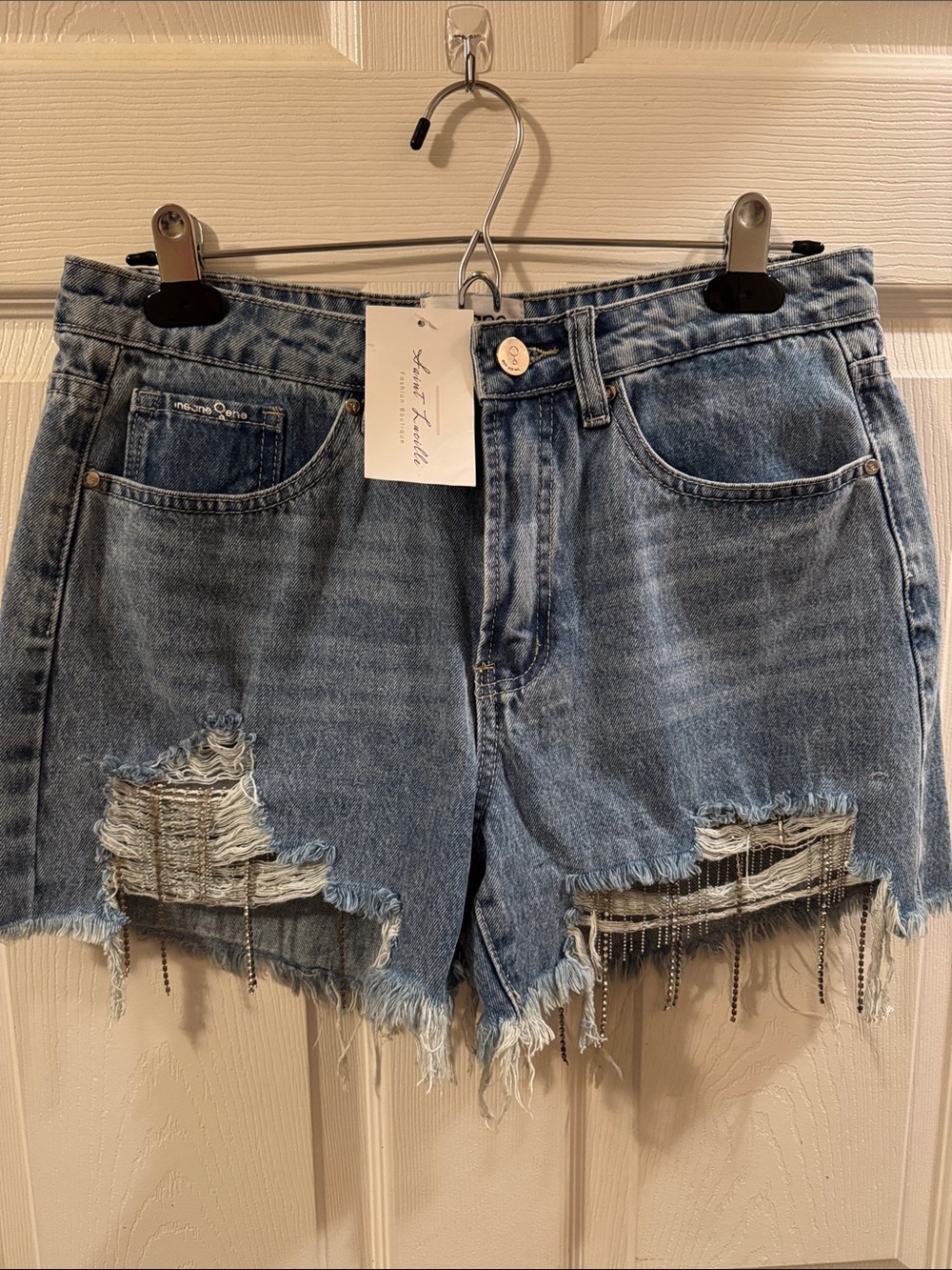 Women's Light Blue Distressed Jean Shorts with Chain Fringe